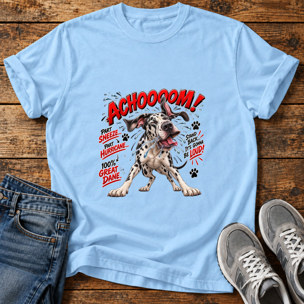 Achoo Hurricane Great Dane graphic T-shirt in Light Blue, shown on a flat-lay shirt mockup