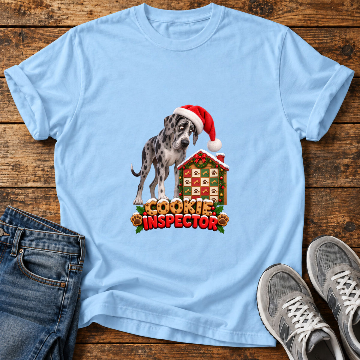 Cookie Inspector Great Dane graphic T-shirt in Light Blue, shown on a flat-lay shirt mockup