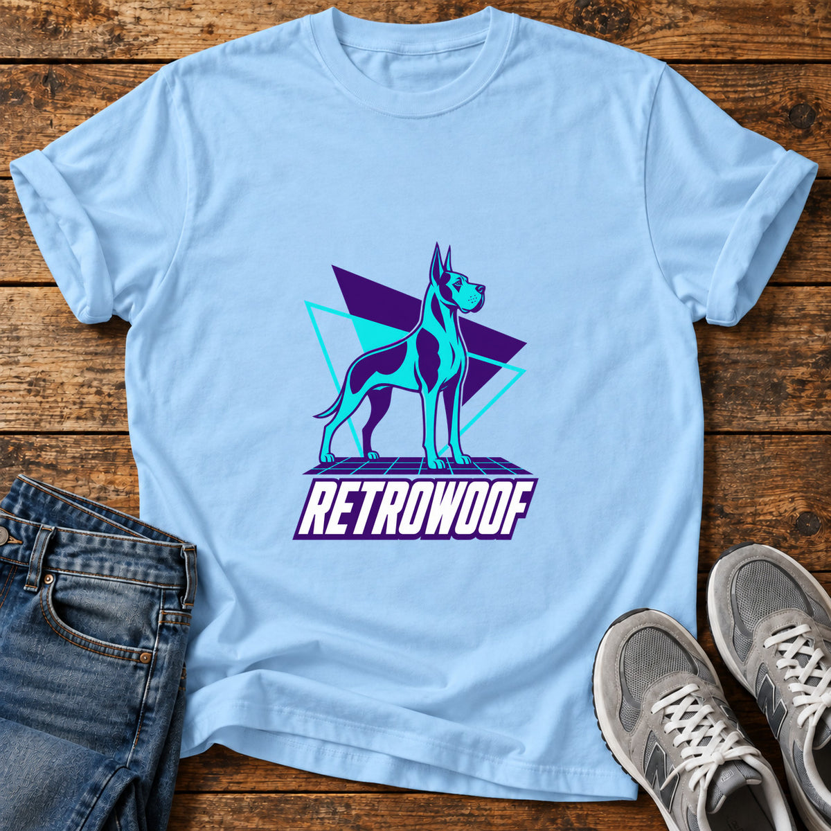Retrowoof Style Great Dane graphic T-shirt in Light Blue, shown on a flat-lay shirt mockup
