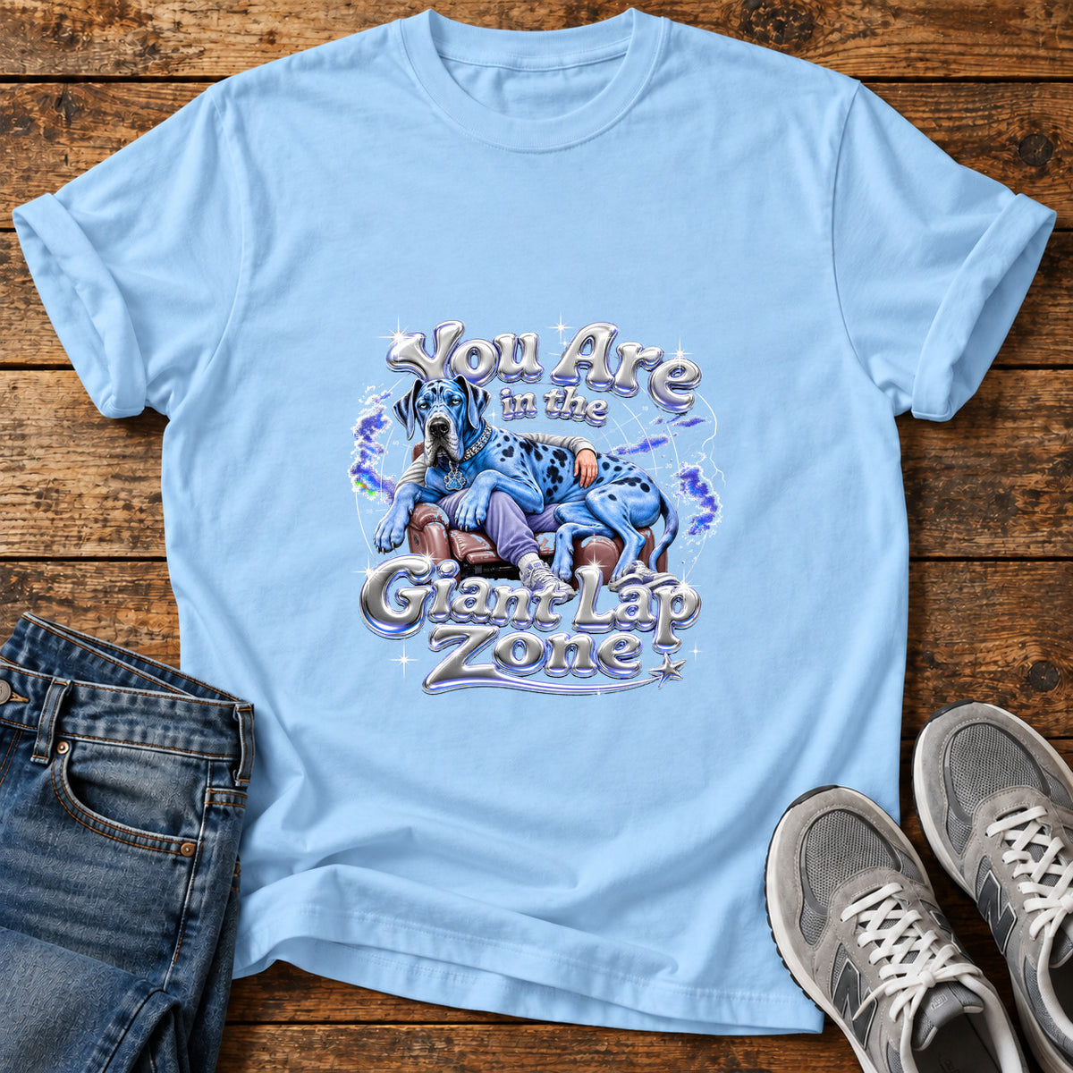 Giant Lap Zone Great Dane graphic T-shirt in Light Blue, shown on a flat-lay shirt mockup