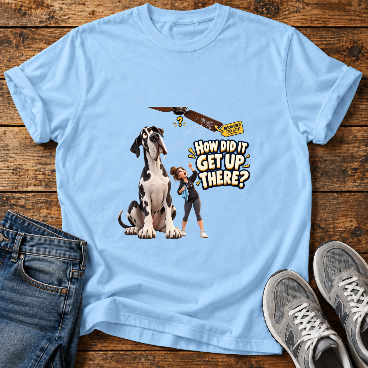 How Did It Great Dane graphic T-shirt in Light Blue, shown on a flat-lay shirt mockup