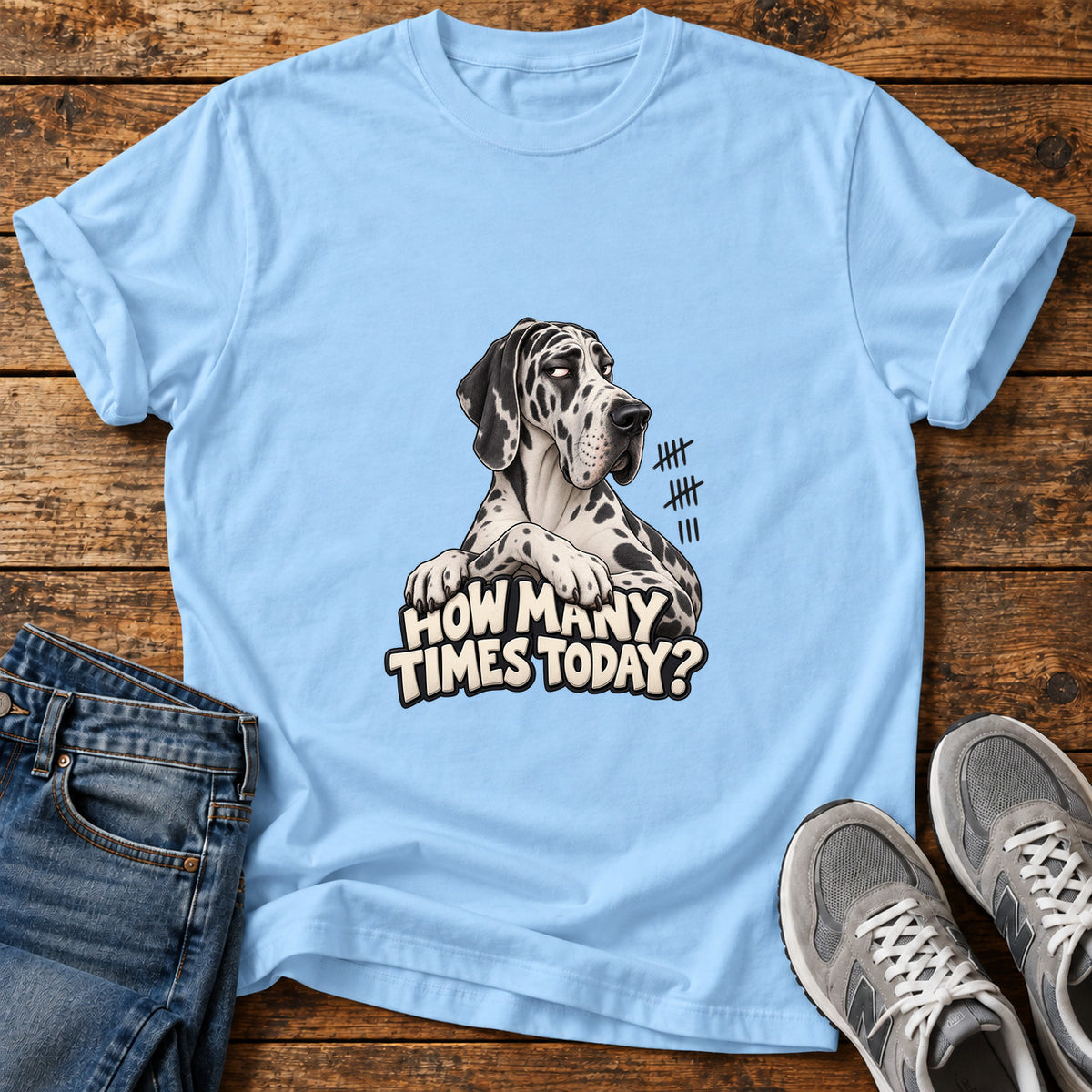 How Many Times Great Dane graphic T-shirt in Light Blue, shown on a flat-lay shirt mockup