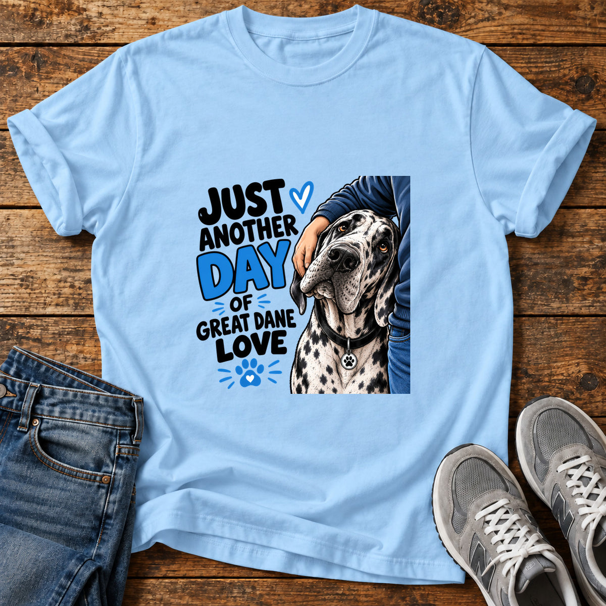 Great Dane Love graphic T-shirt in Light Blue, shown on a flat-lay shirt mockup