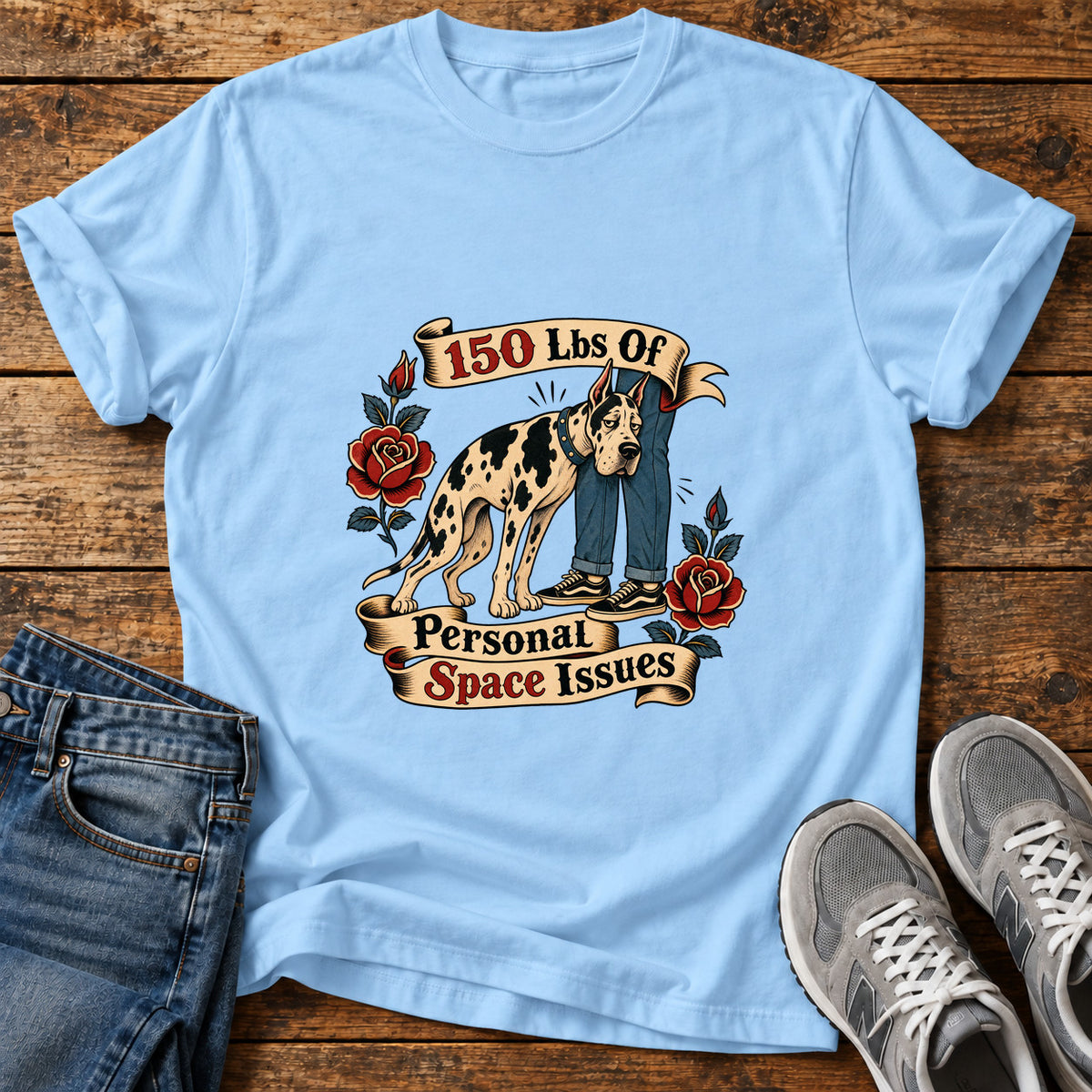 Personal Space Issues Great Dane graphic T-shirt in Light Blue, shown on a flat-lay shirt mockup