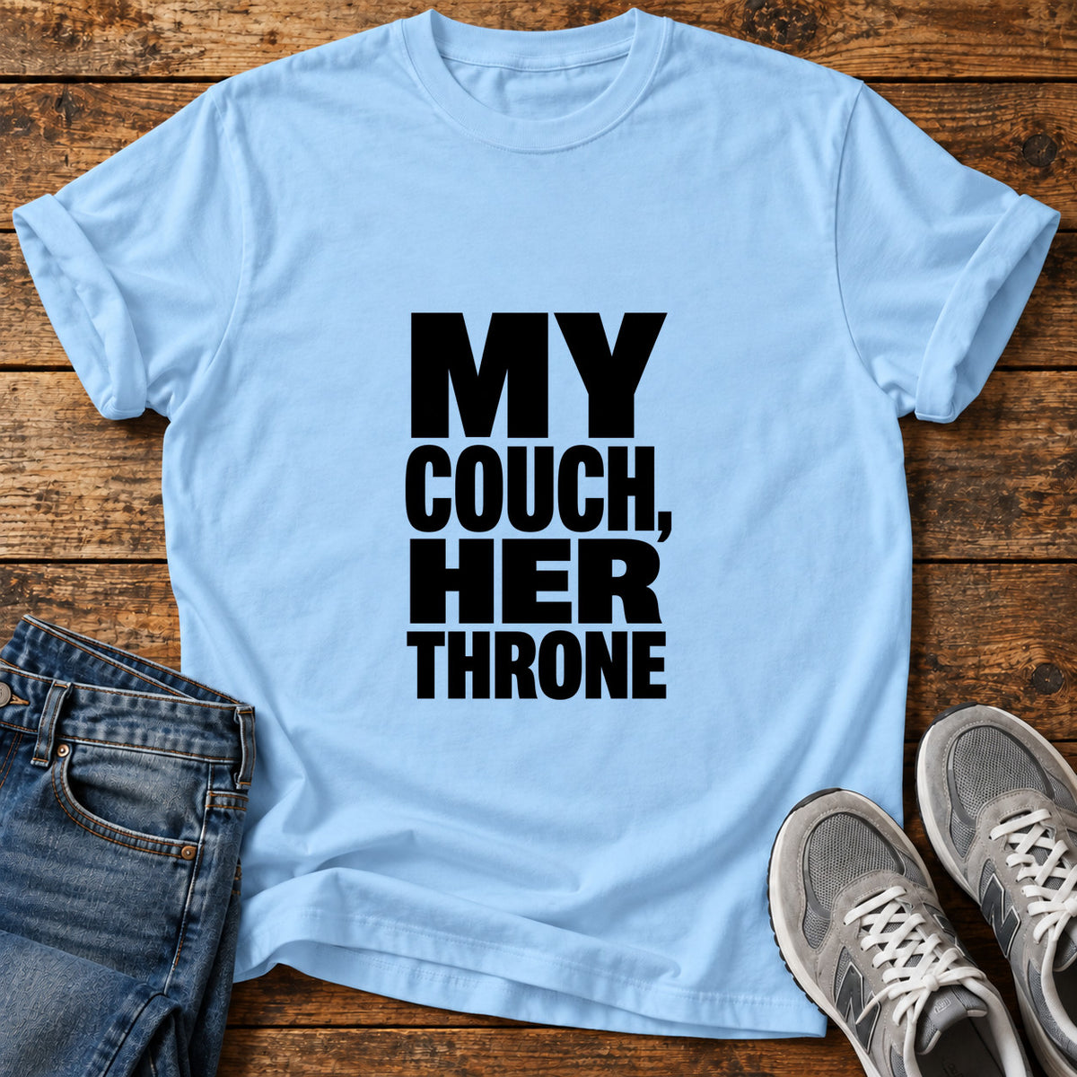 My Couch Throne Great Dane graphic T-shirt in Light Blue, shown on a flat-lay shirt mockup