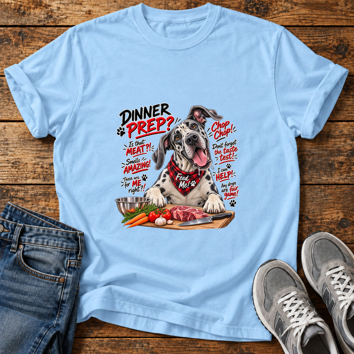 Dinner Prep Great Dane graphic T-shirt in Light Blue, shown on a flat-lay shirt mockup