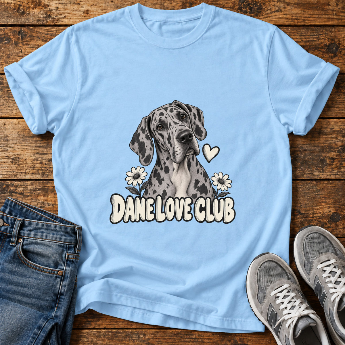 Dane Love Club Great Dane graphic T-shirt in Light Blue, shown on a flat-lay shirt mockup