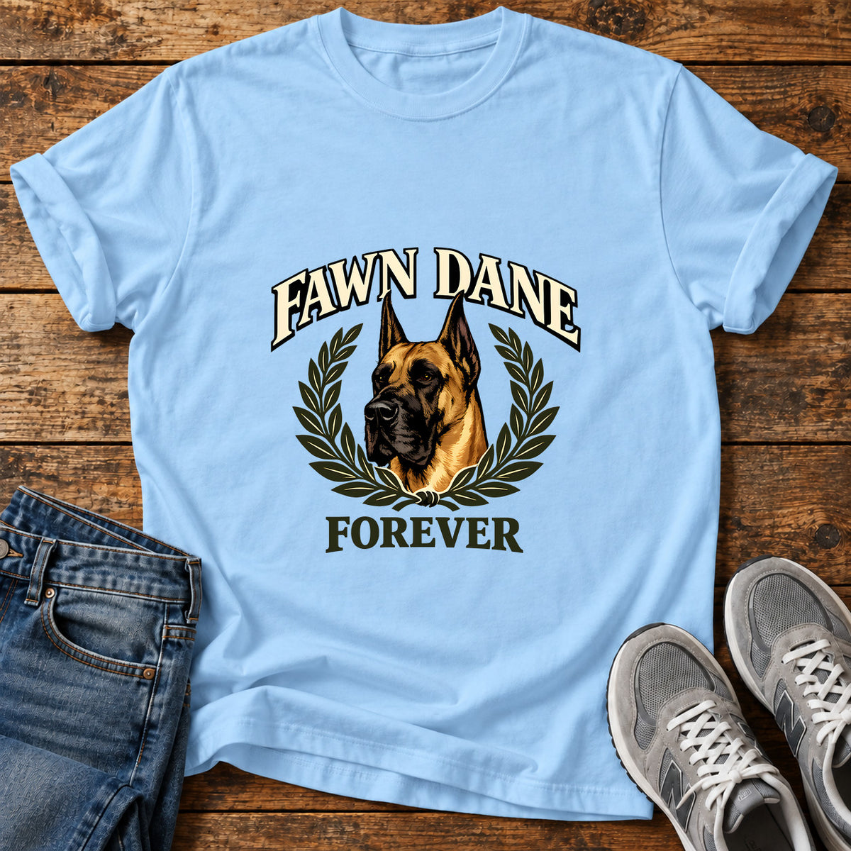 Fawn Dane Forever Great Dane graphic T-shirt in Light Blue, shown on a flat-lay shirt mockup