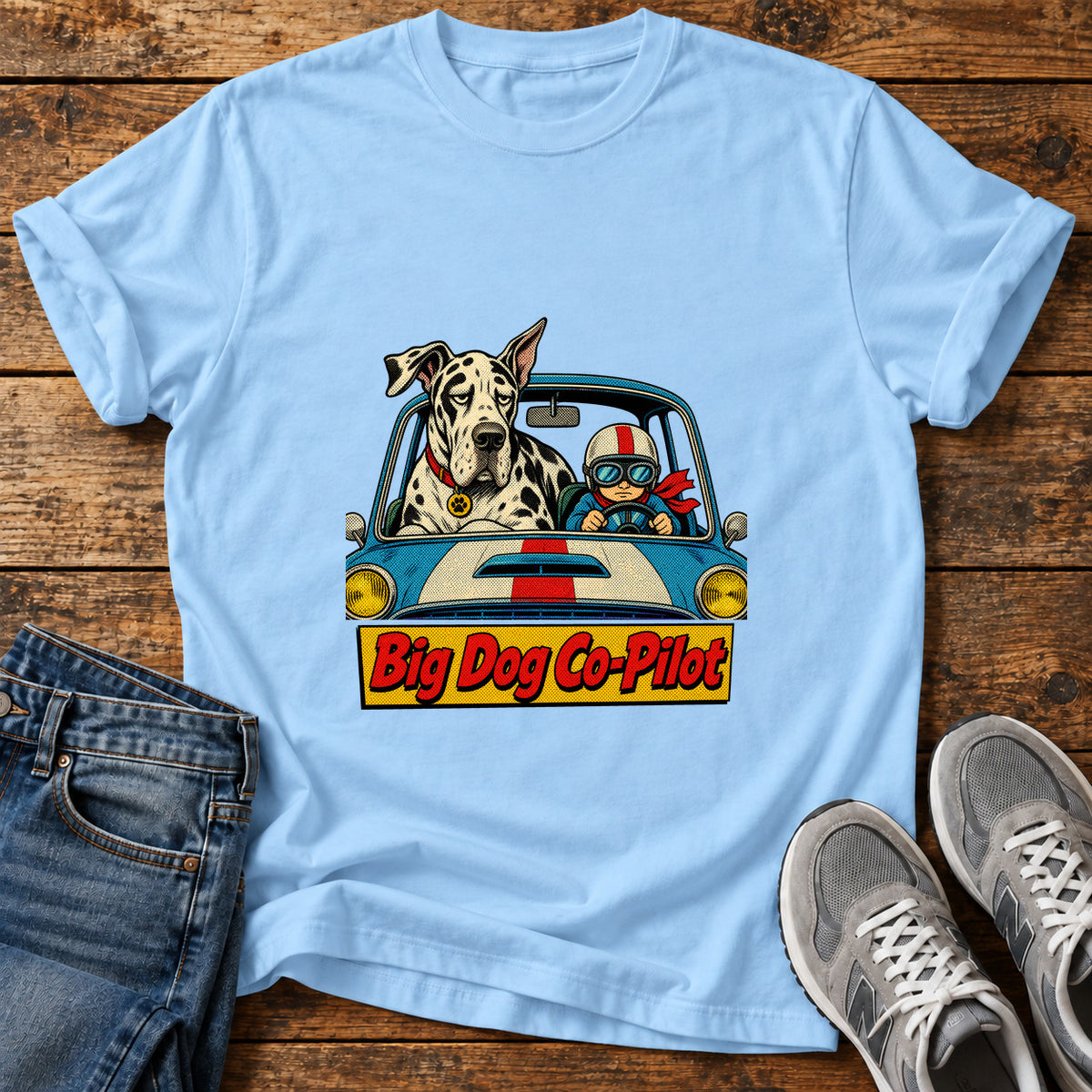 Big Dog Co-Pilot Great Dane graphic T-shirt in Light Blue, shown on a flat-lay shirt mockup