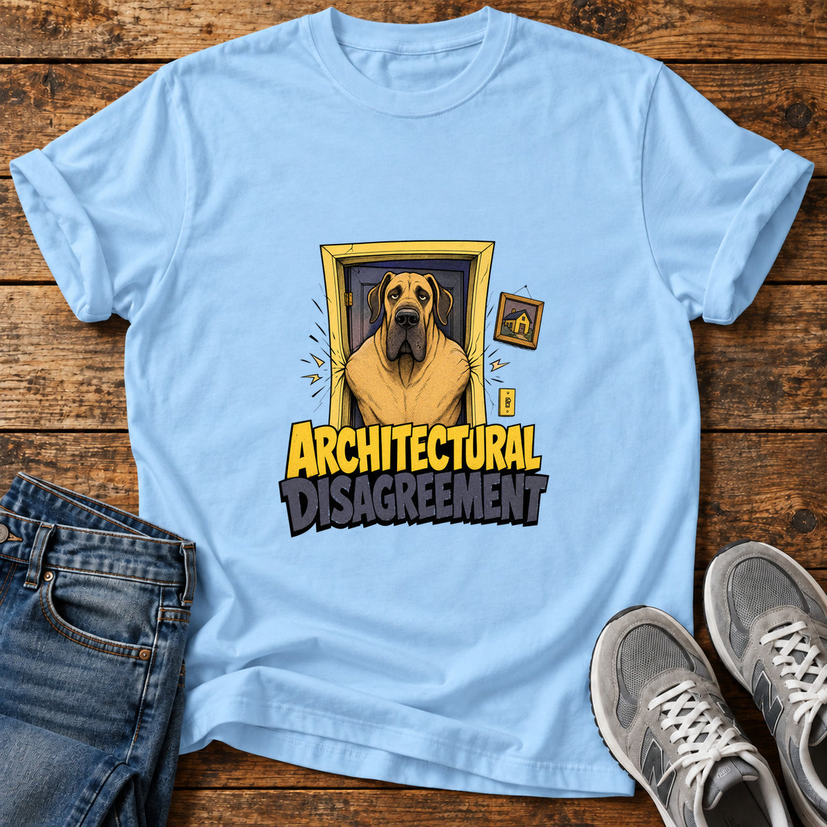 Architectural Disagreement Great Dane graphic T-shirt in Light Blue, shown on a flat-lay shirt mockup