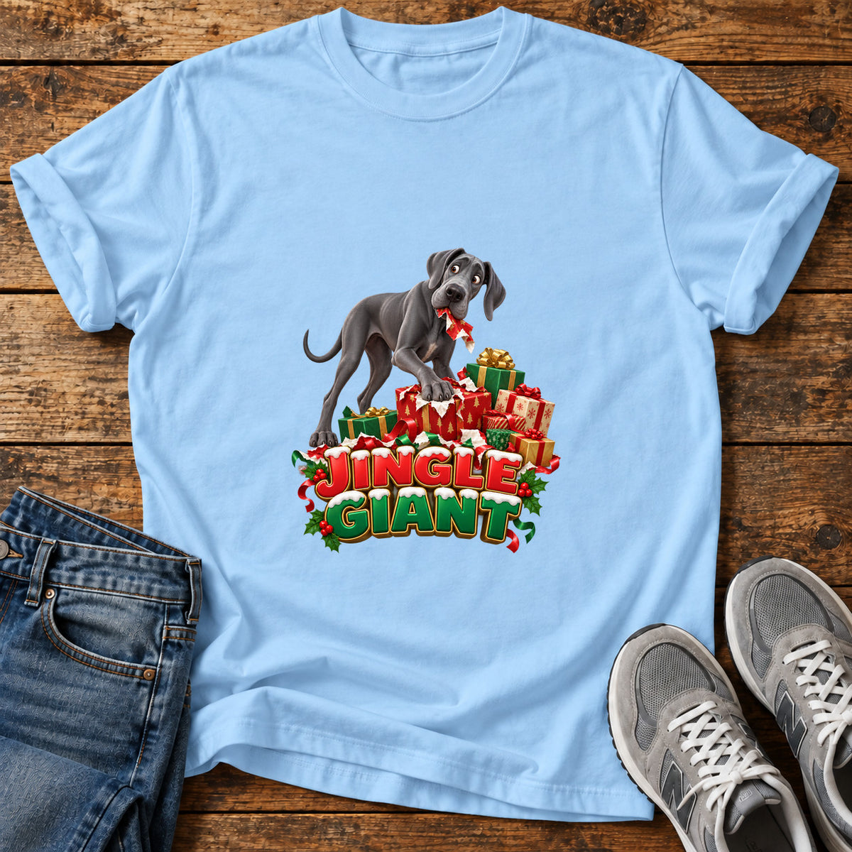 Jingle Giant Great Dane graphic T-shirt in Light Blue, shown on a flat-lay shirt mockup