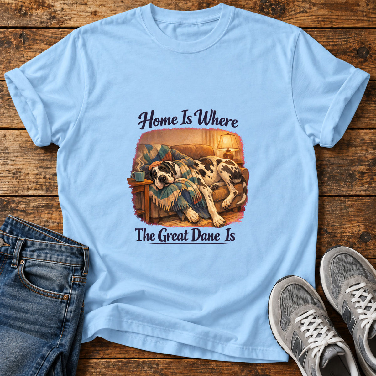 Home Great Dane graphic T-shirt in Light Blue, shown on a flat-lay shirt mockup