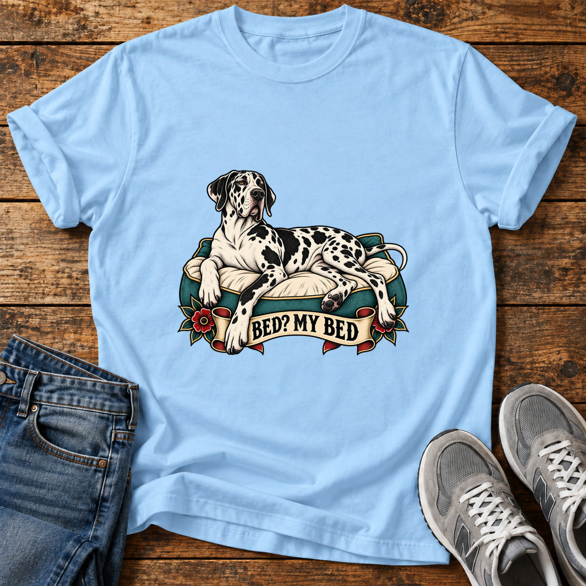 Bed My Bed Great Dane graphic T-shirt in Light Blue, shown on a flat-lay shirt mockup