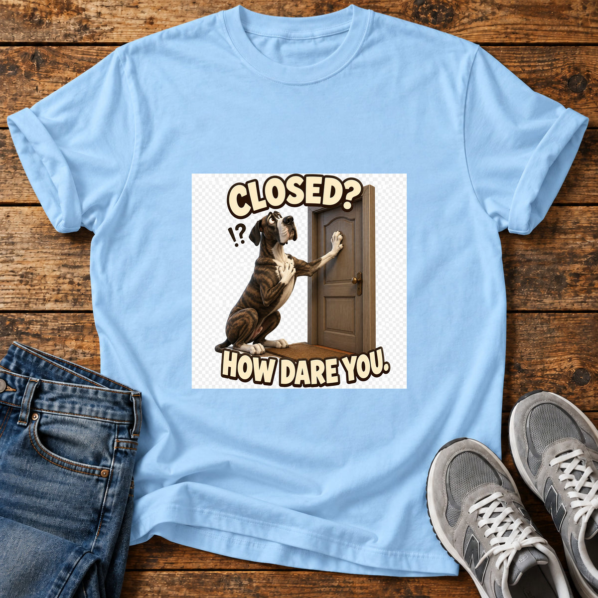 How Dare You Great Dane graphic T-shirt in Light Blue, shown on a flat-lay shirt mockup