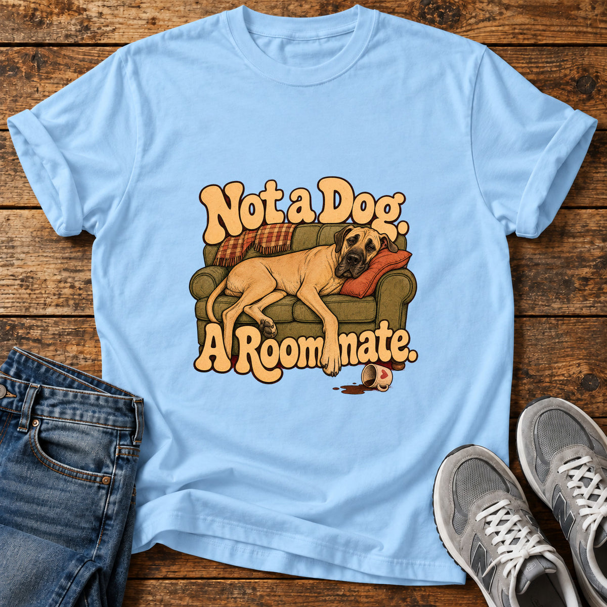 Not a Dog Great Dane graphic T-shirt in Light Blue, shown on a flat-lay shirt mockup