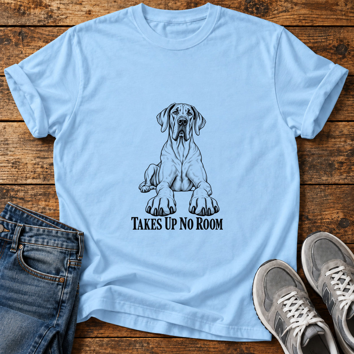 Takes Up No Great Dane graphic T-shirt in Light Blue, shown on a flat-lay shirt mockup