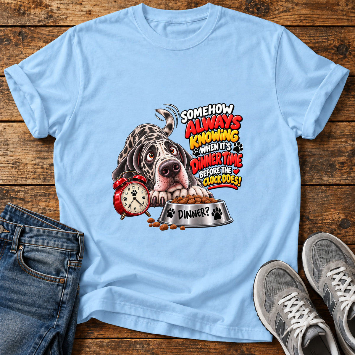 Dinner Time Alert Great Dane graphic T-shirt in Light Blue, shown on a flat-lay shirt mockup