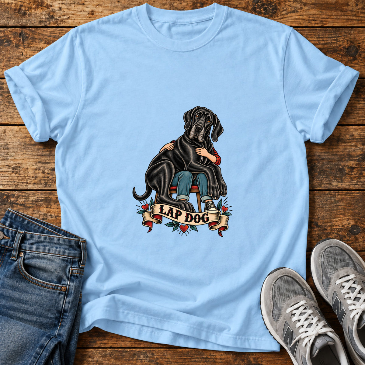 Lap Dog Great Dane graphic T-shirt in Light Blue, shown on a flat-lay shirt mockup