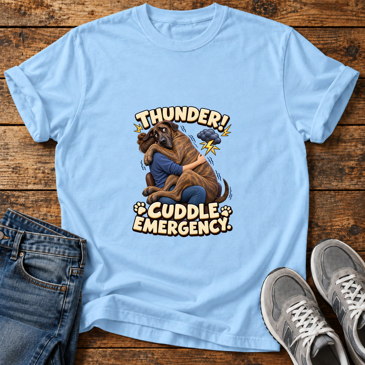 Thunder Cuddle Emergency Great Dane graphic T-shirt in Light Blue, shown on a flat-lay shirt mockup