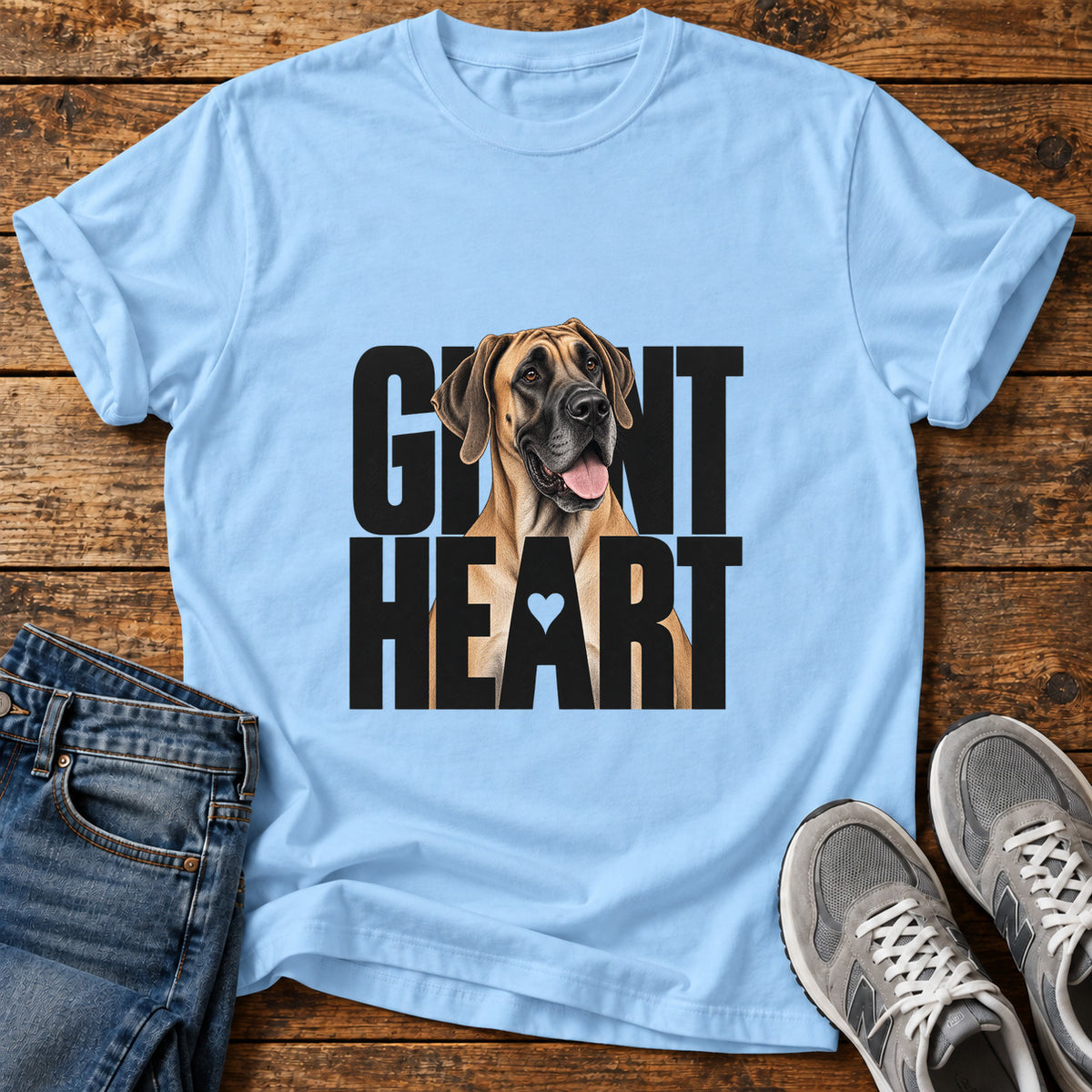 Giant Heart Great Dane graphic T-shirt in Light Blue, shown on a flat-lay shirt mockup