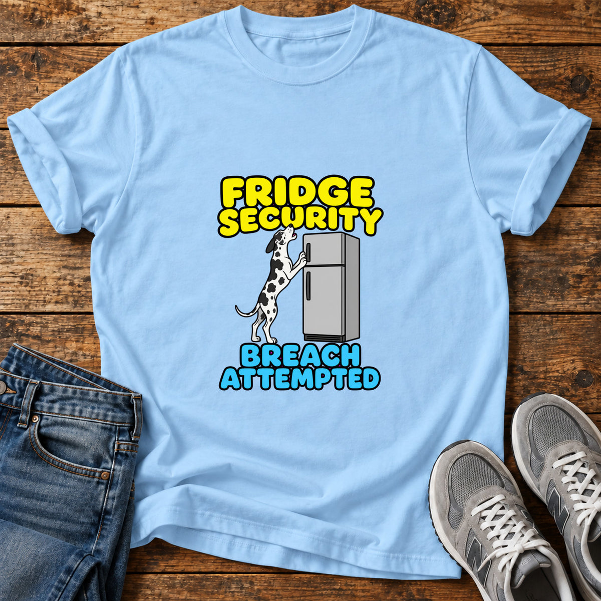 Fridge Security Great Dane graphic T-shirt in Light Blue, shown on a flat-lay shirt mockup