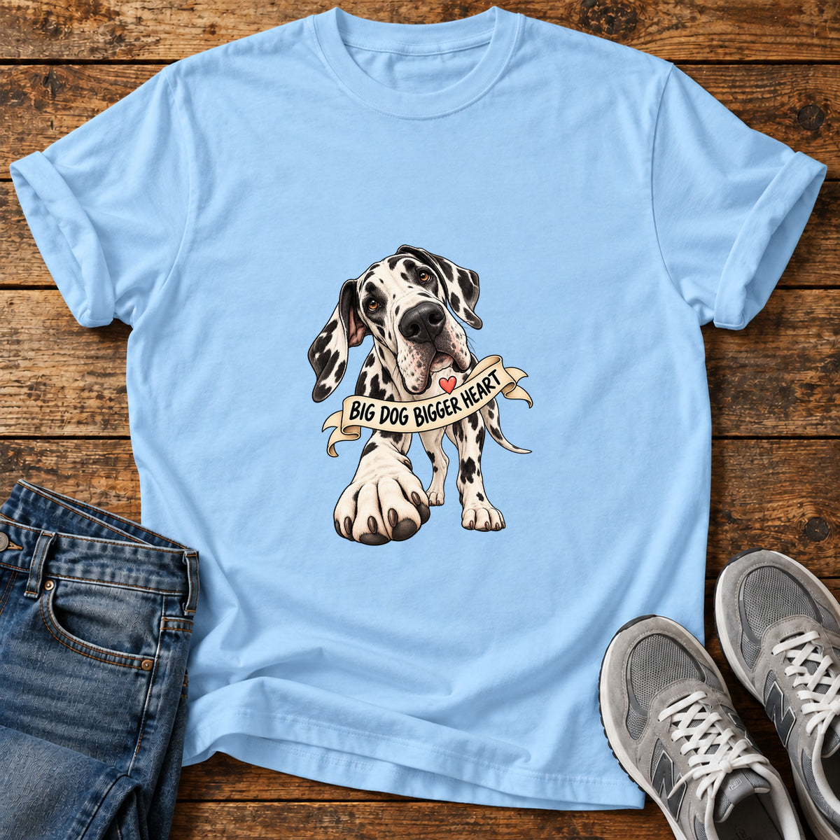Big Dog Heart Great Dane graphic T-shirt in Light Blue, shown on a flat-lay shirt mockup