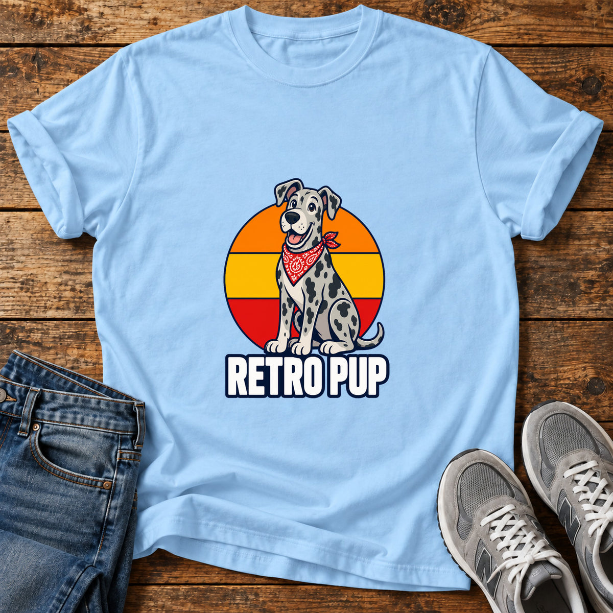 Retro Pup Great Dane graphic T-shirt in Light Blue, shown on a flat-lay shirt mockup