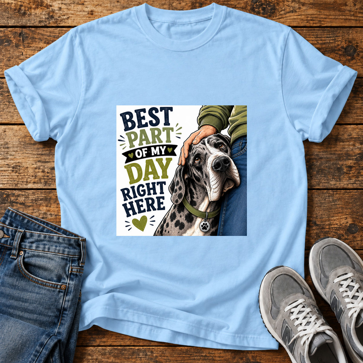 Best Part Here Great Dane graphic T-shirt in Light Blue, shown on a flat-lay shirt mockup