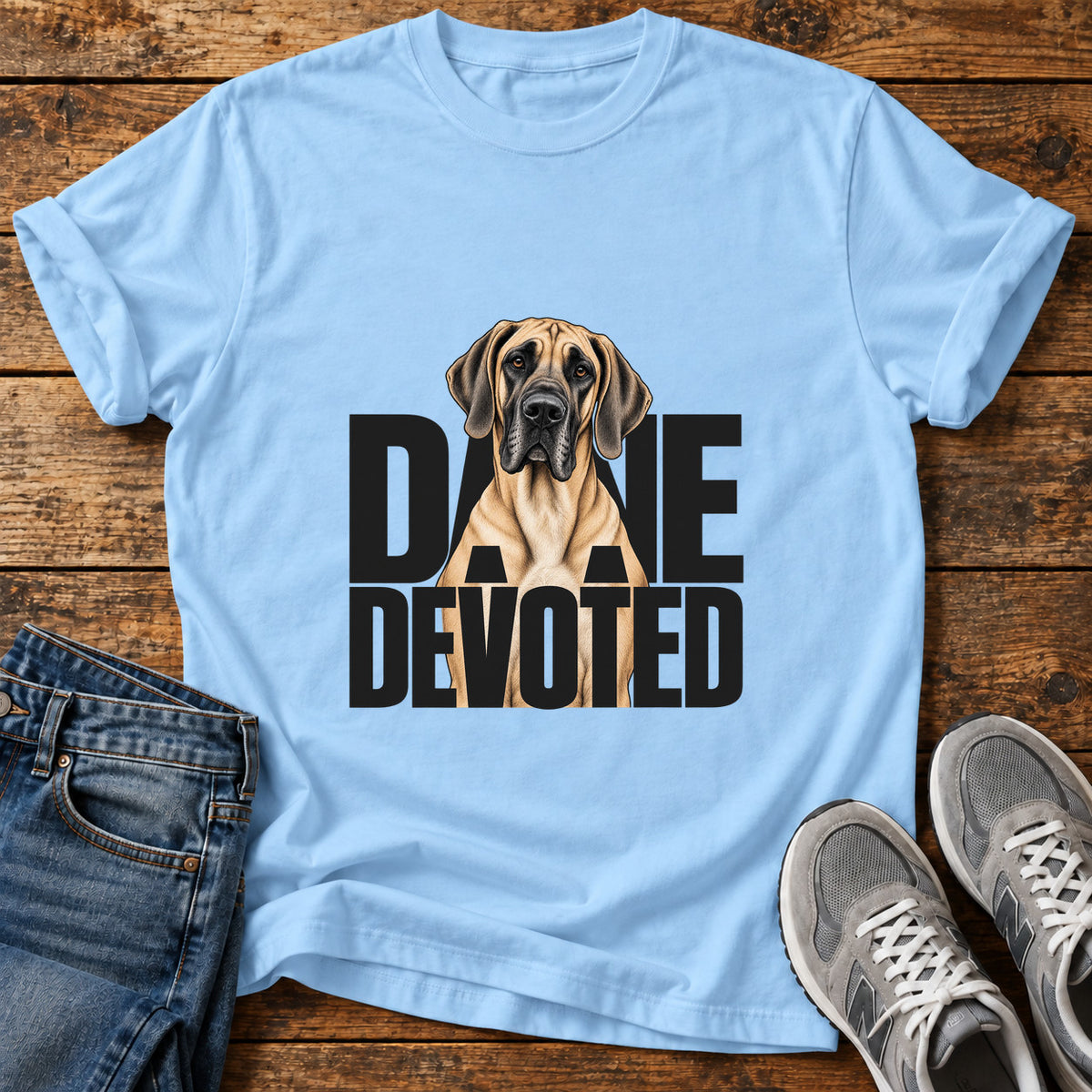 Dane Devoted Great Dane graphic T-shirt in Light Blue, shown on a flat-lay shirt mockup