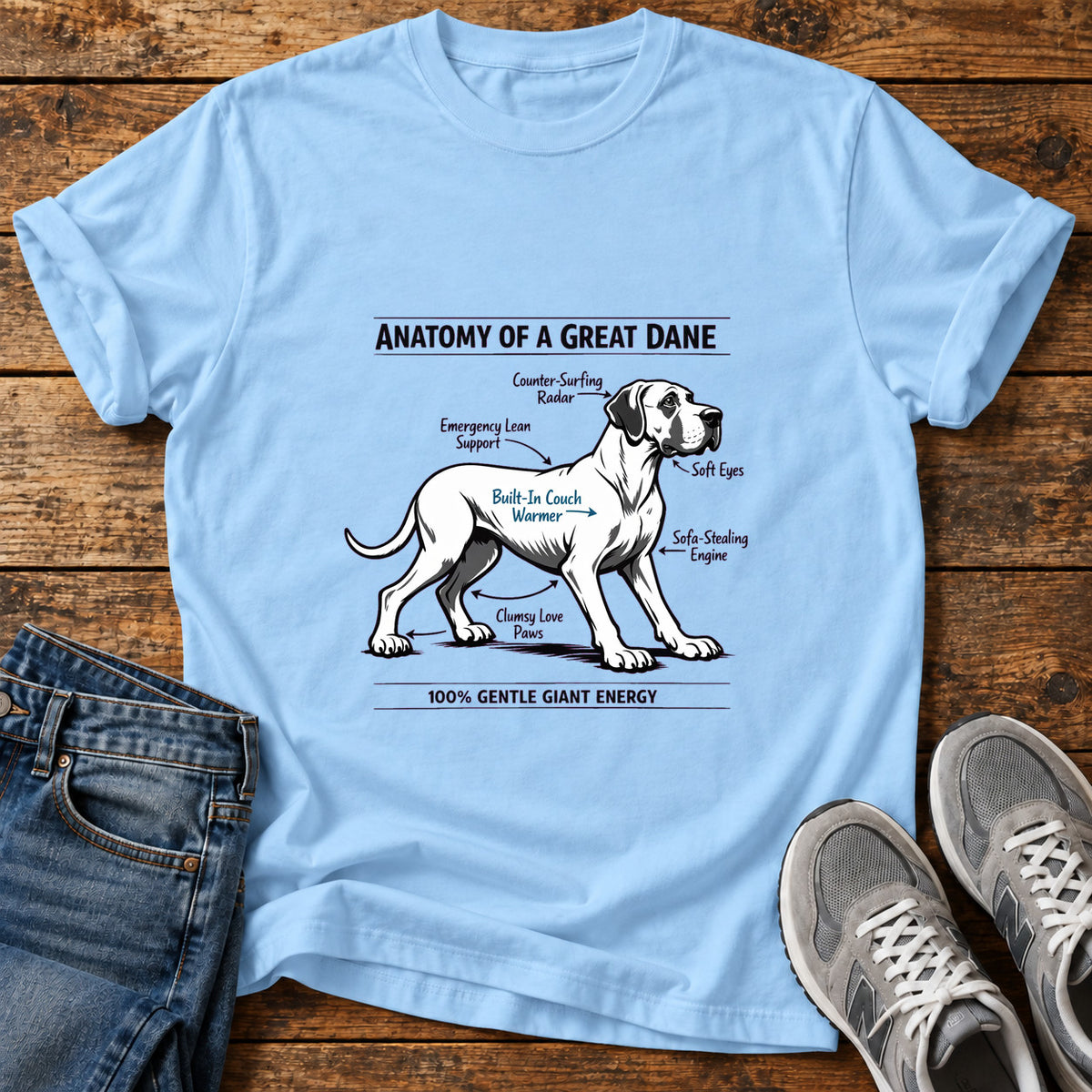 Gentle Giant Energy Great Dane graphic T-shirt in Light Blue, shown on a flat-lay shirt mockup