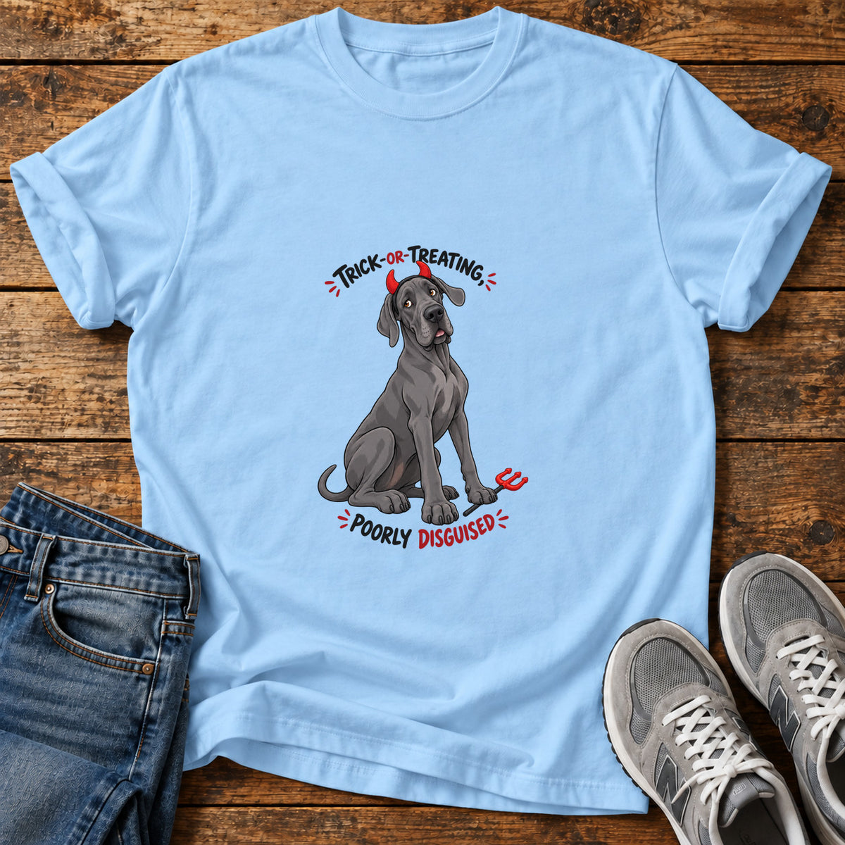 Poorly Disguised Great Dane graphic T-shirt in Light Blue, shown on a flat-lay shirt mockup