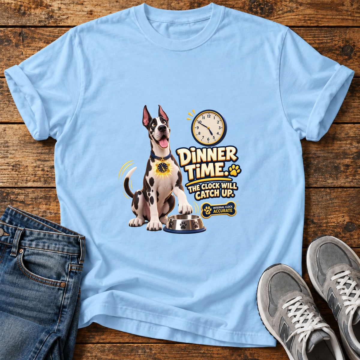 Dinner Time Paws Great Dane graphic T-shirt in Light Blue, shown on a flat-lay shirt mockup