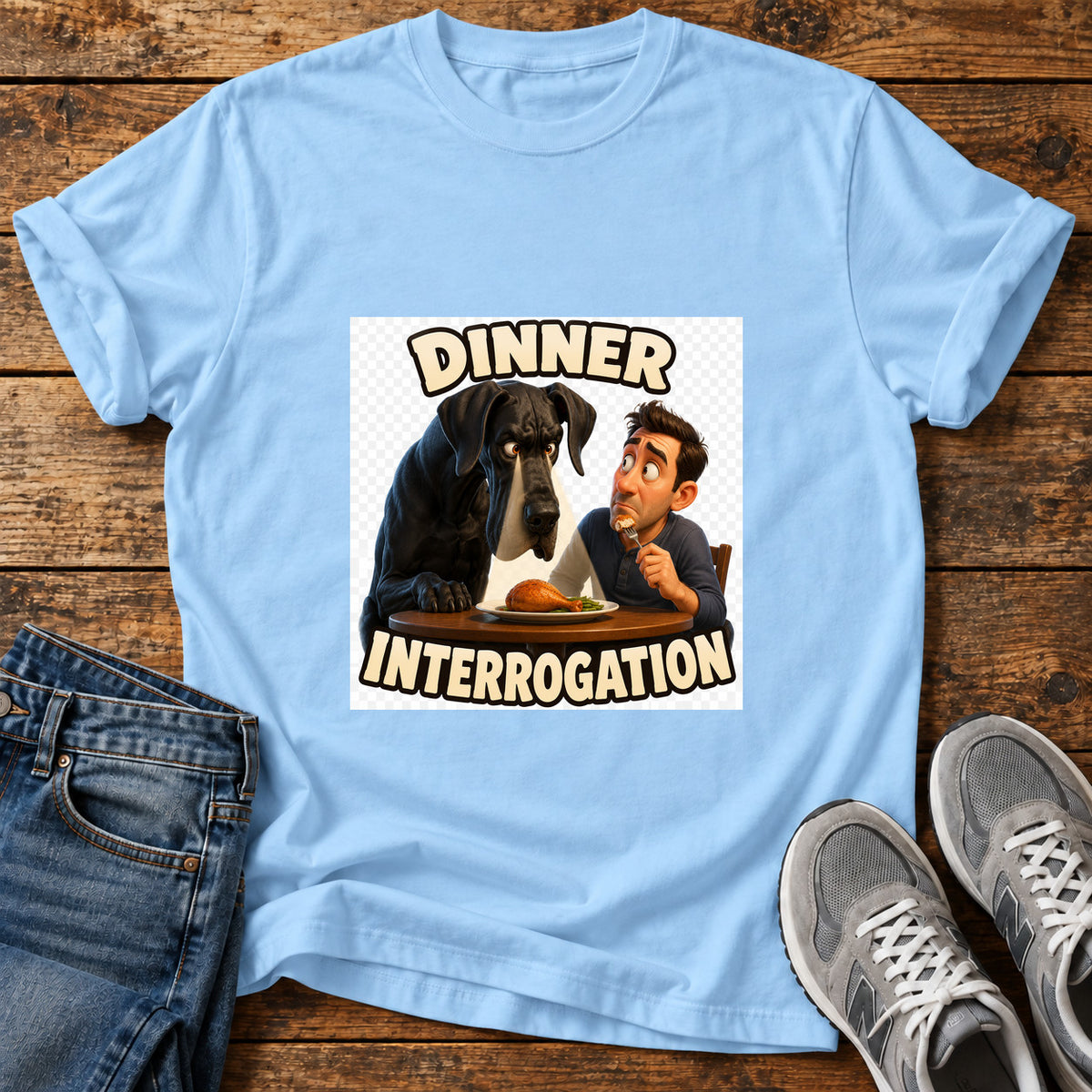 Dinner Interrogation Great Dane graphic T-shirt in Light Blue, shown on a flat-lay shirt mockup