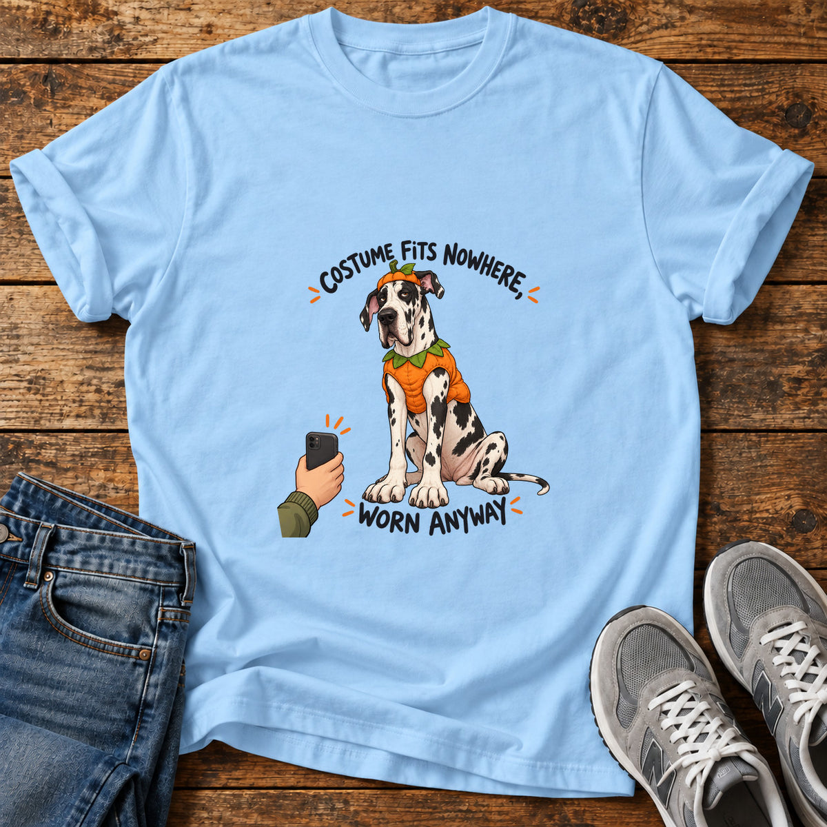 Costume Worn Anyway Great Dane graphic T-shirt in Light Blue, shown on a flat-lay shirt mockup