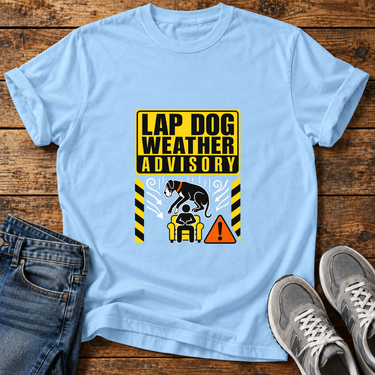 Lap Dog Advisory Great Dane graphic T-shirt in Light Blue, shown on a flat-lay shirt mockup