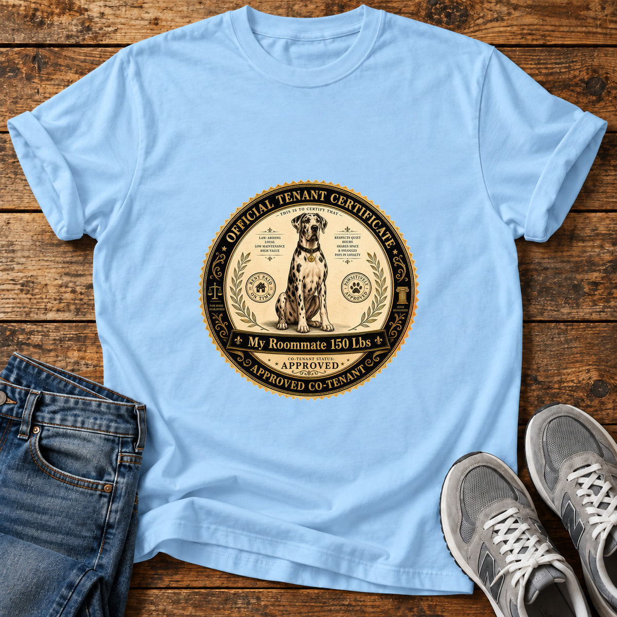 My Roommate 150 Great Dane graphic T-shirt in Light Blue, shown on a flat-lay shirt mockup
