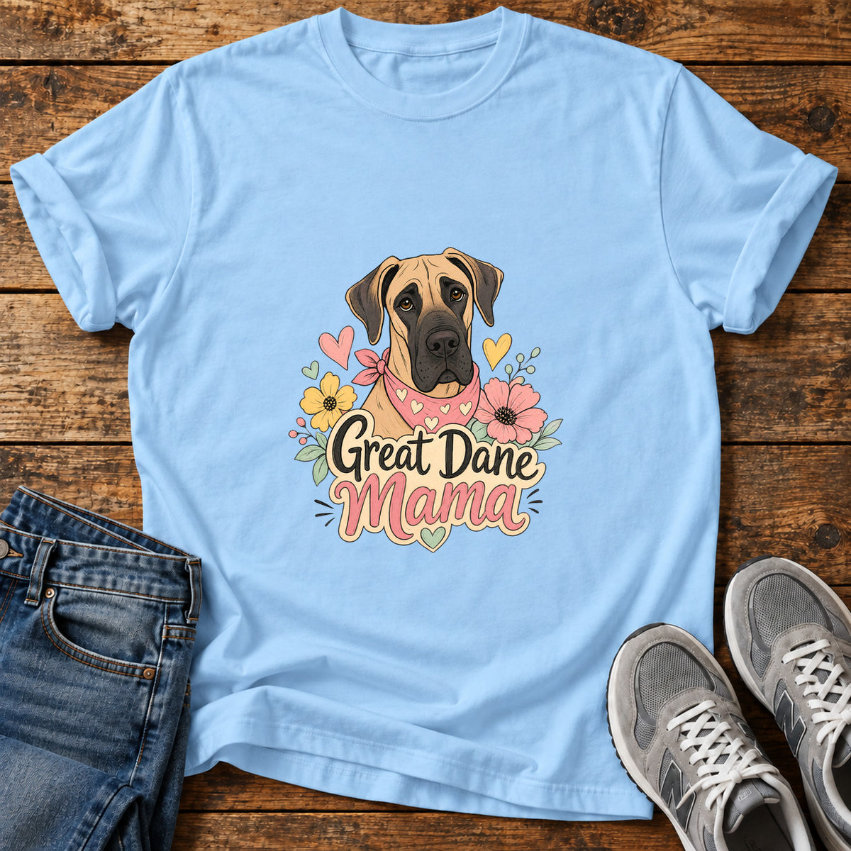 Great Dane Mama graphic T-shirt in Light Blue, shown on a flat-lay shirt mockup