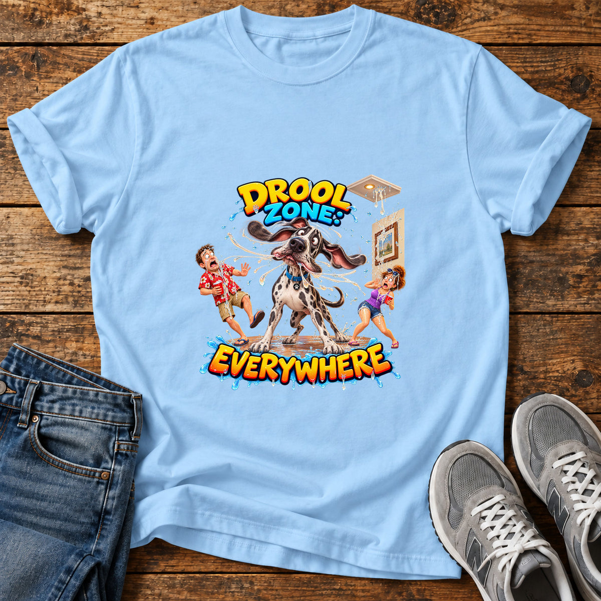 Drool Zone Everywhere Great Dane graphic T-shirt in Light Blue, shown on a flat-lay shirt mockup