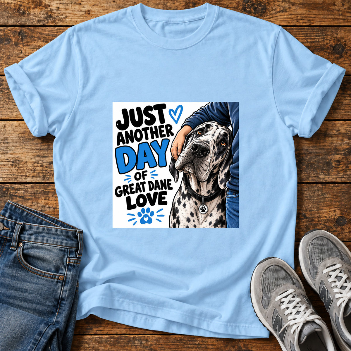 Great Dane Love graphic T-shirt in Light Blue, shown on a flat-lay shirt mockup