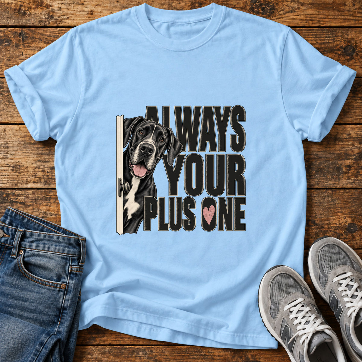 Always Plus One Great Dane graphic T-shirt in Light Blue, shown on a flat-lay shirt mockup