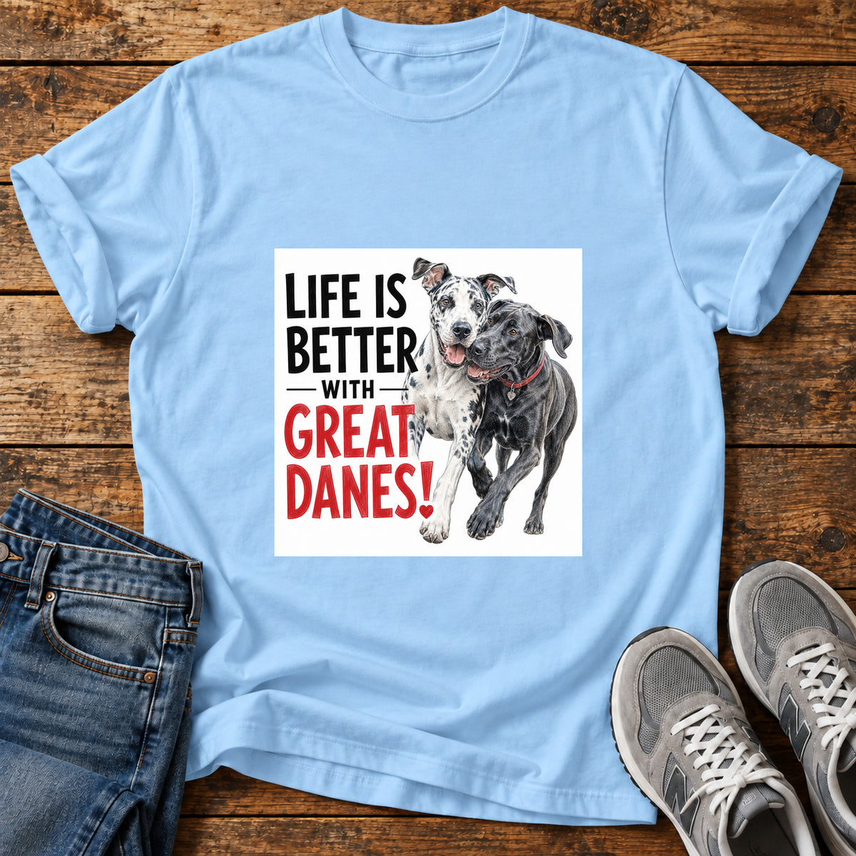 Great Danes Life graphic T-shirt in Light Blue, shown on a flat-lay shirt mockup