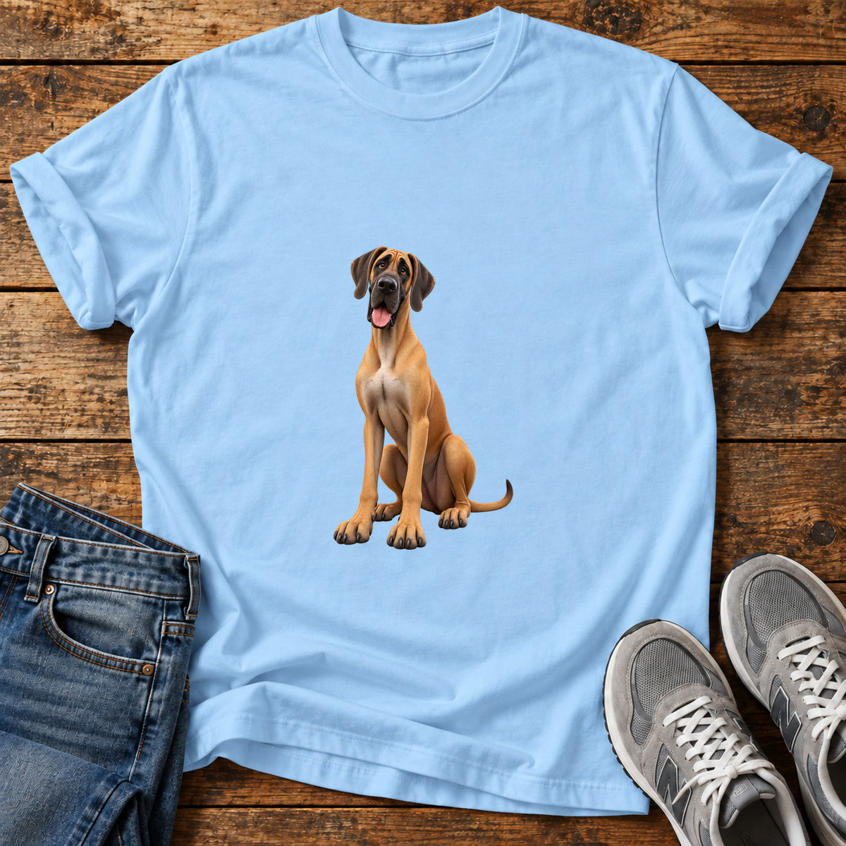 Dane Delight Great Dane graphic T-shirt in Light Blue, shown on a flat-lay shirt mockup