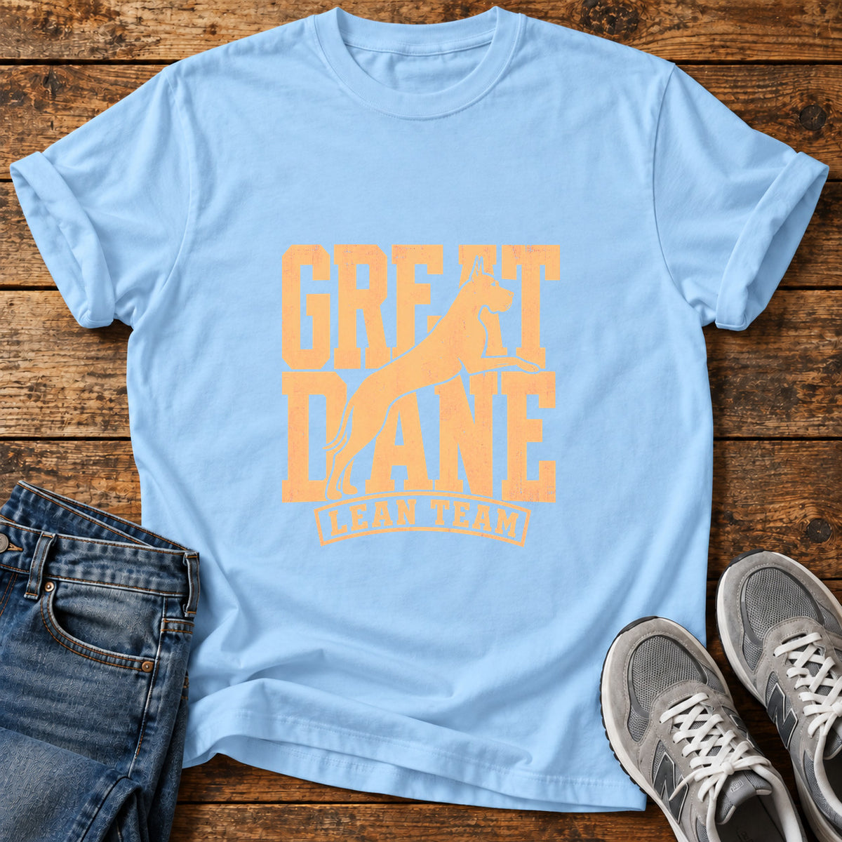 Great Dane Team graphic T-shirt in Light Blue, shown on a flat-lay shirt mockup