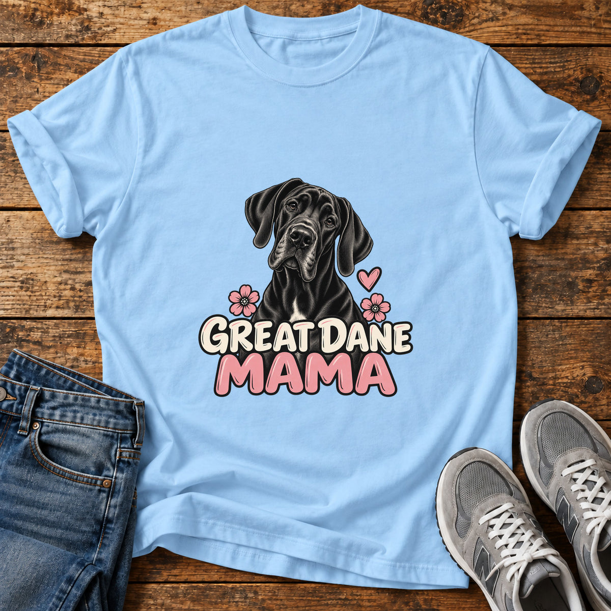 Great Dane Mama graphic T-shirt in Light Blue, shown on a flat-lay shirt mockup