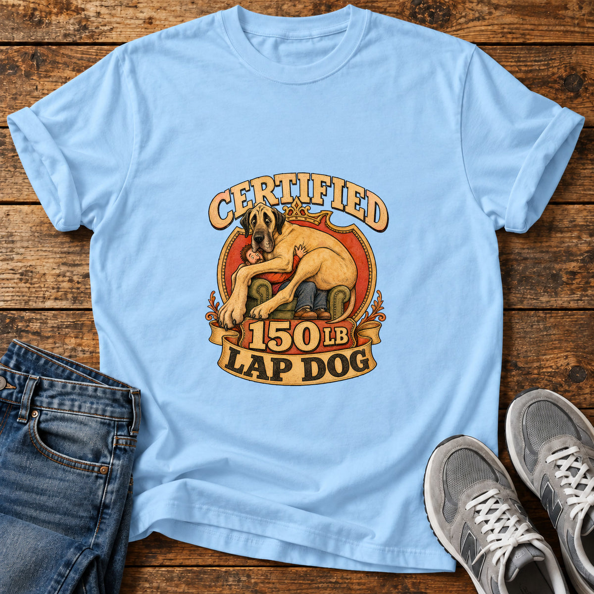 Certified Lap Dog Great Dane graphic T-shirt in Light Blue, shown on a flat-lay shirt mockup