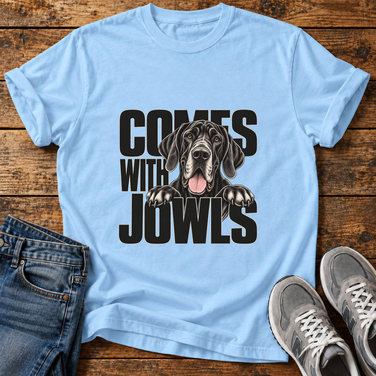 Comes With Jowls Great Dane graphic T-shirt in Light Blue, shown on a flat-lay shirt mockup