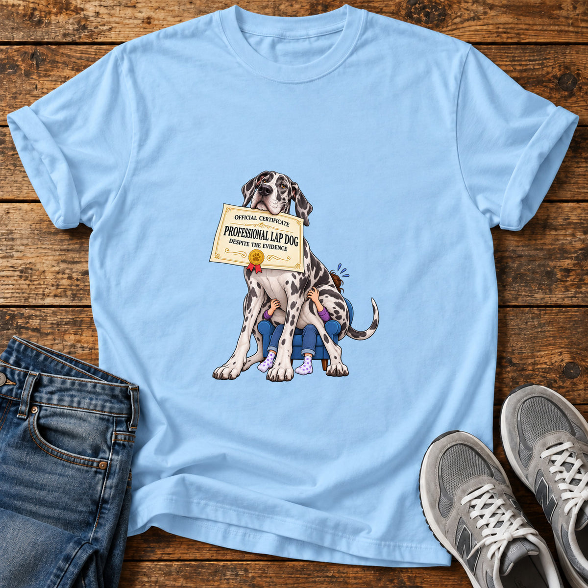 Professional Lapdog Great Dane graphic T-shirt in Light Blue, shown on a flat-lay shirt mockup