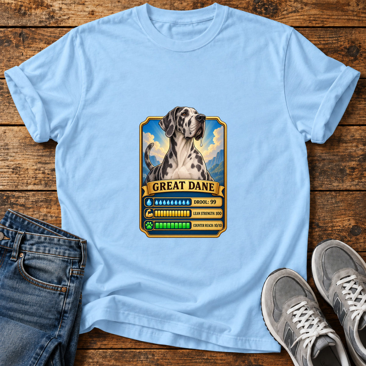 Great Dane Stats graphic T-shirt in Light Blue, shown on a flat-lay shirt mockup