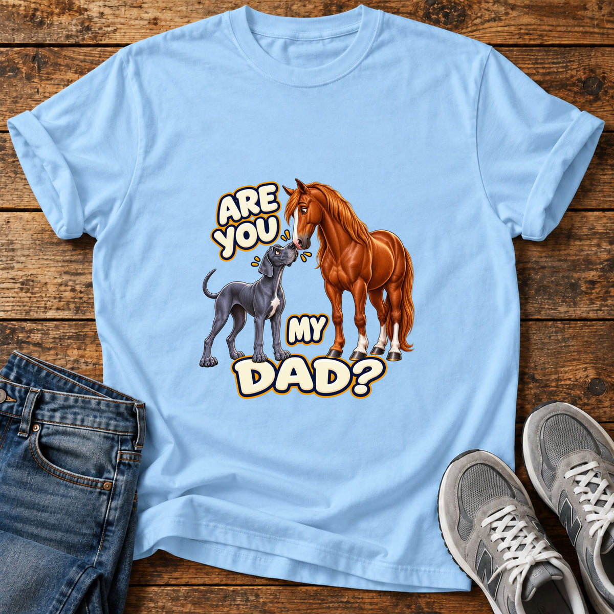 Are You Dad Great Dane graphic T-shirt in Light Blue, shown on a flat-lay shirt mockup