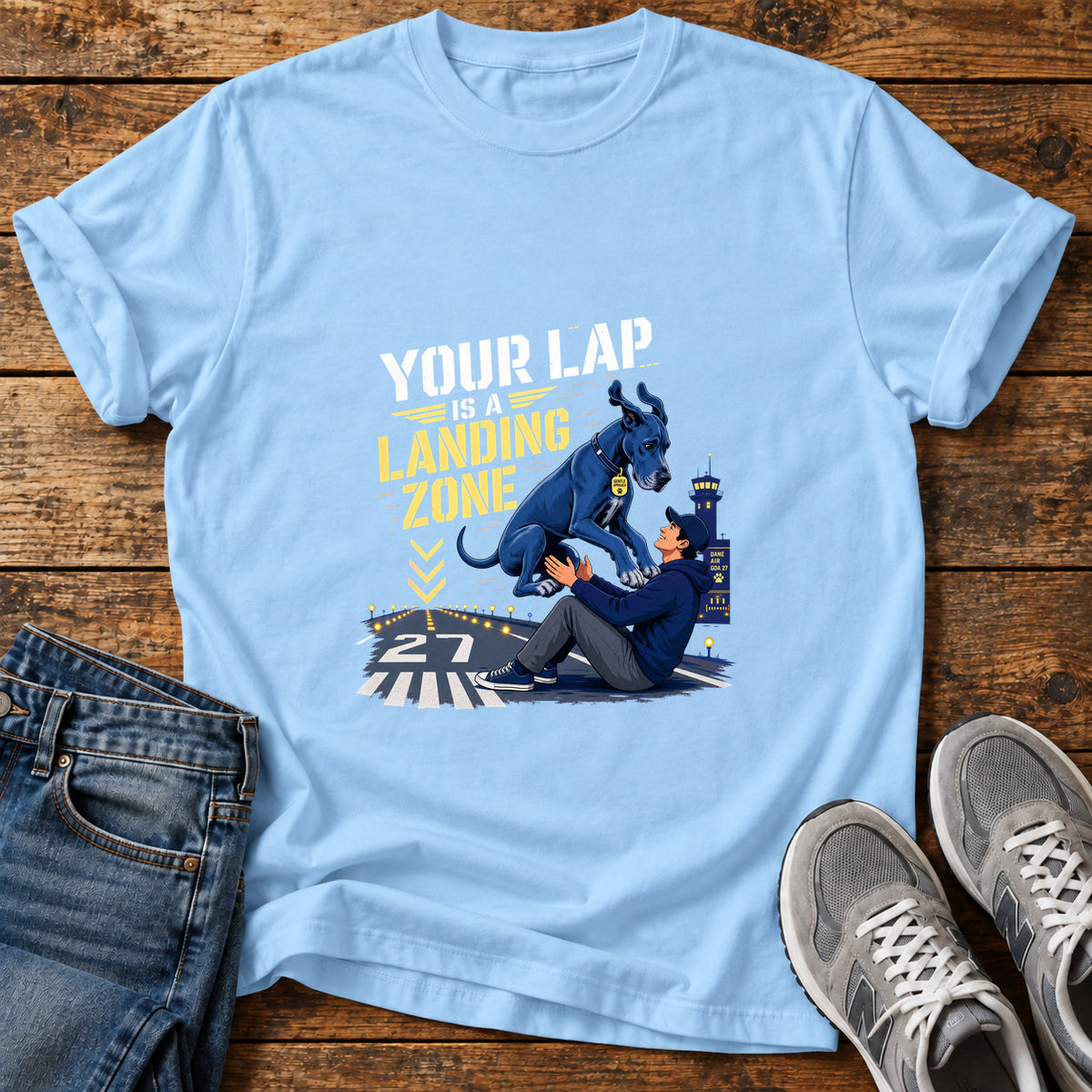 Landing Zone Great Dane graphic T-shirt in Light Blue, shown on a flat-lay shirt mockup
